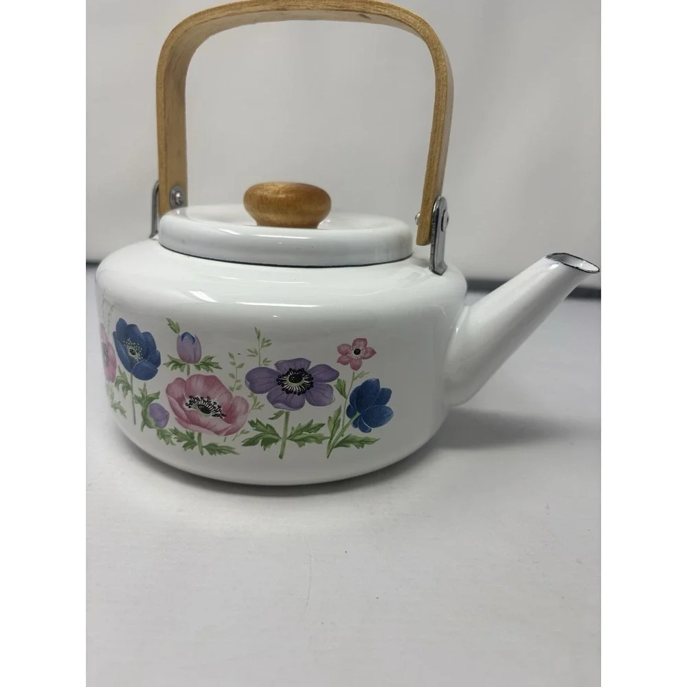 Vintage National Housewares Metal Teapot Kettle Floral Garden Bamboo 1985 Granny